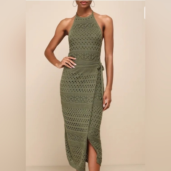 Lulus Elegant Olive Green Crochet Dress.  Y20 - Picture 1 of 8